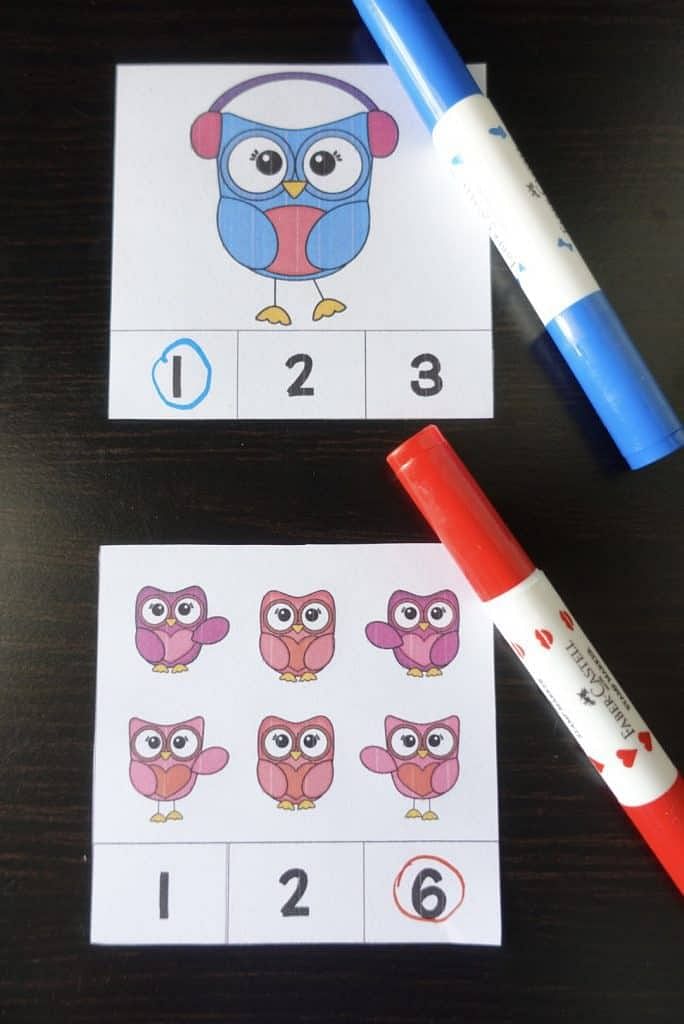 Owl Count and Clip Card : 20 Easy Sets for Preschoolers 7 Owl Counting Clip card