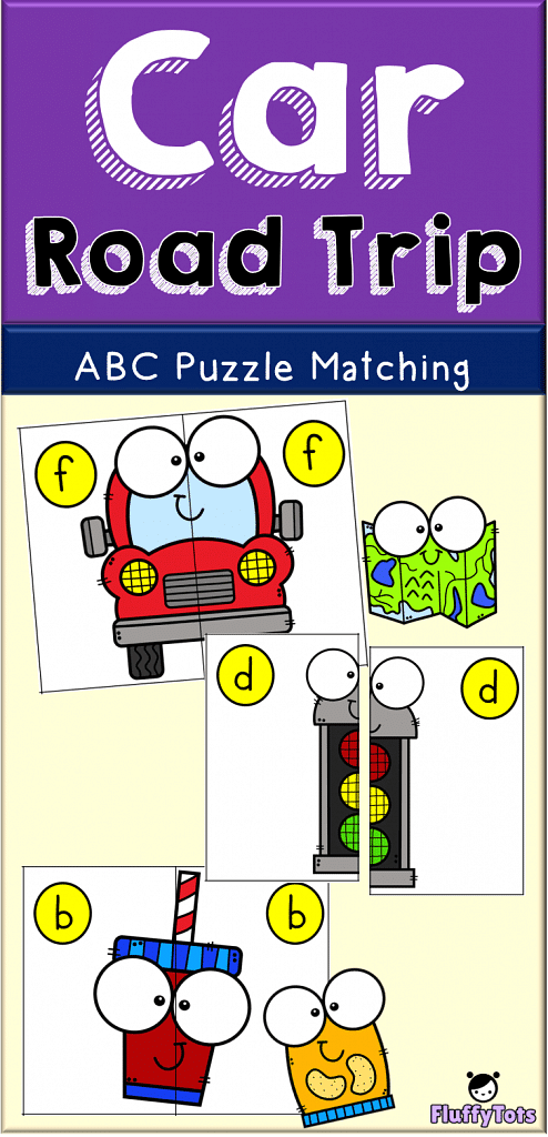 Car Printable - Letter Matching Printable 3 car road trip Puzzle matching
