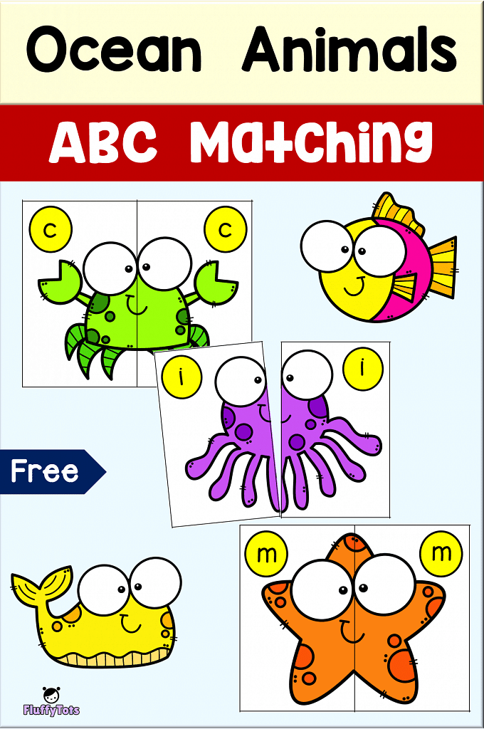 Cute 26 Ocean Animals Letter Matching Puzzle for Preschool 3 ocean animals ABC Matching printables