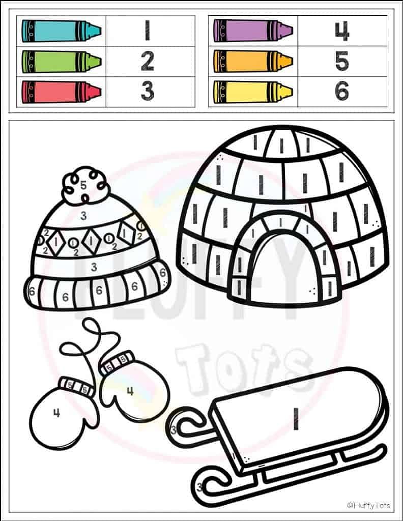 Fun Winter Color By Number Activity Learning Number 1-10 4 winter color by number worksheets