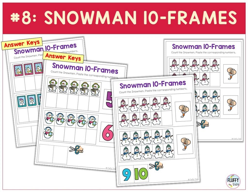 100+ Fun Pages of Snowman Math Preschool Worksheets with Answer Keys 10 Snowman 10-frames worksheets