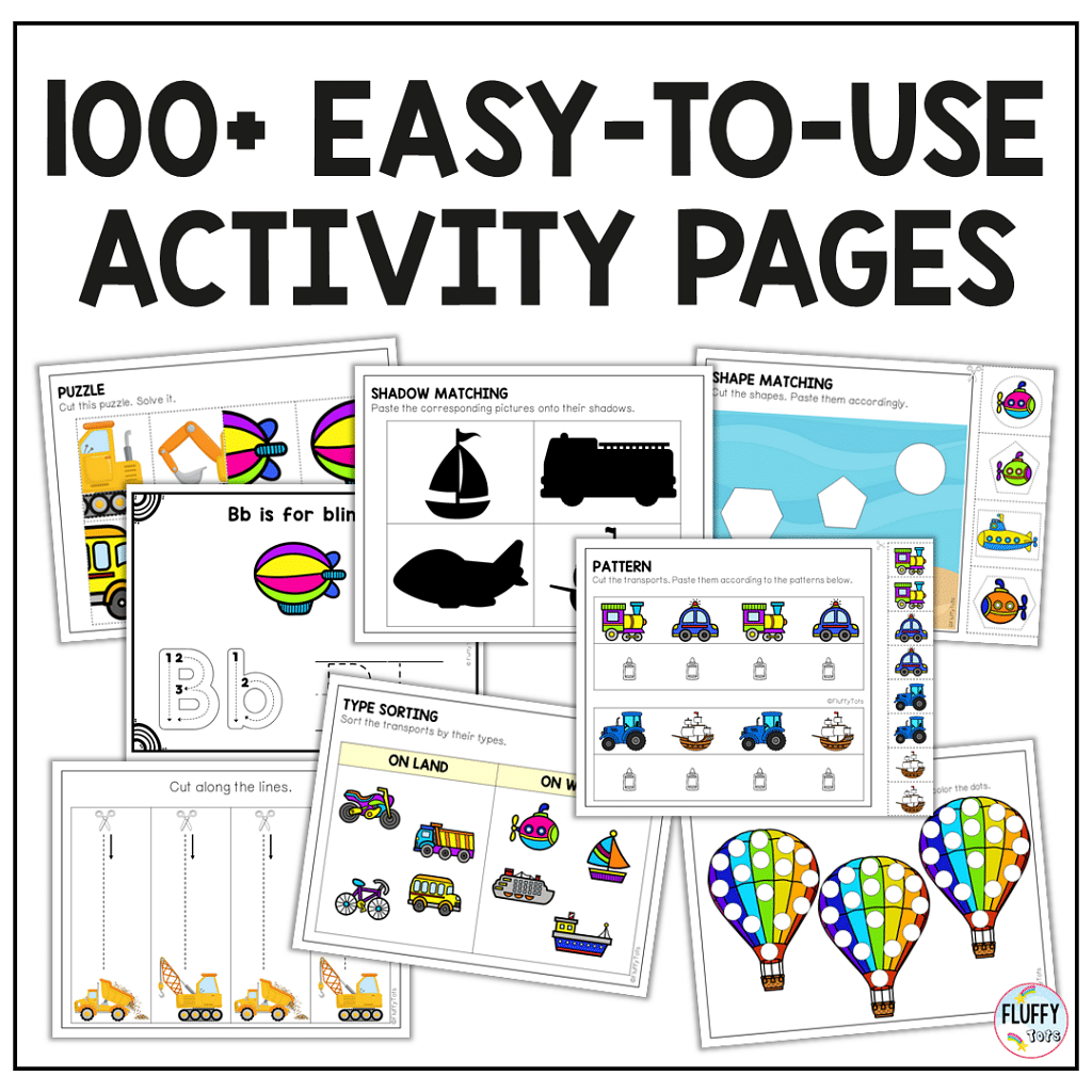 100+ Pages of Fun Transportation Activity Pack for Preschool and Toddlers 2 transportation activity pack, transportation printables preschool and toddler