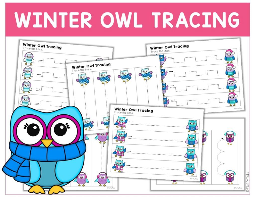 50+ Fun Pages of Winter Owls Tracing Worksheets for Preschool and Toddler 2 winter owls tracing, winter printables for toddler and preschool