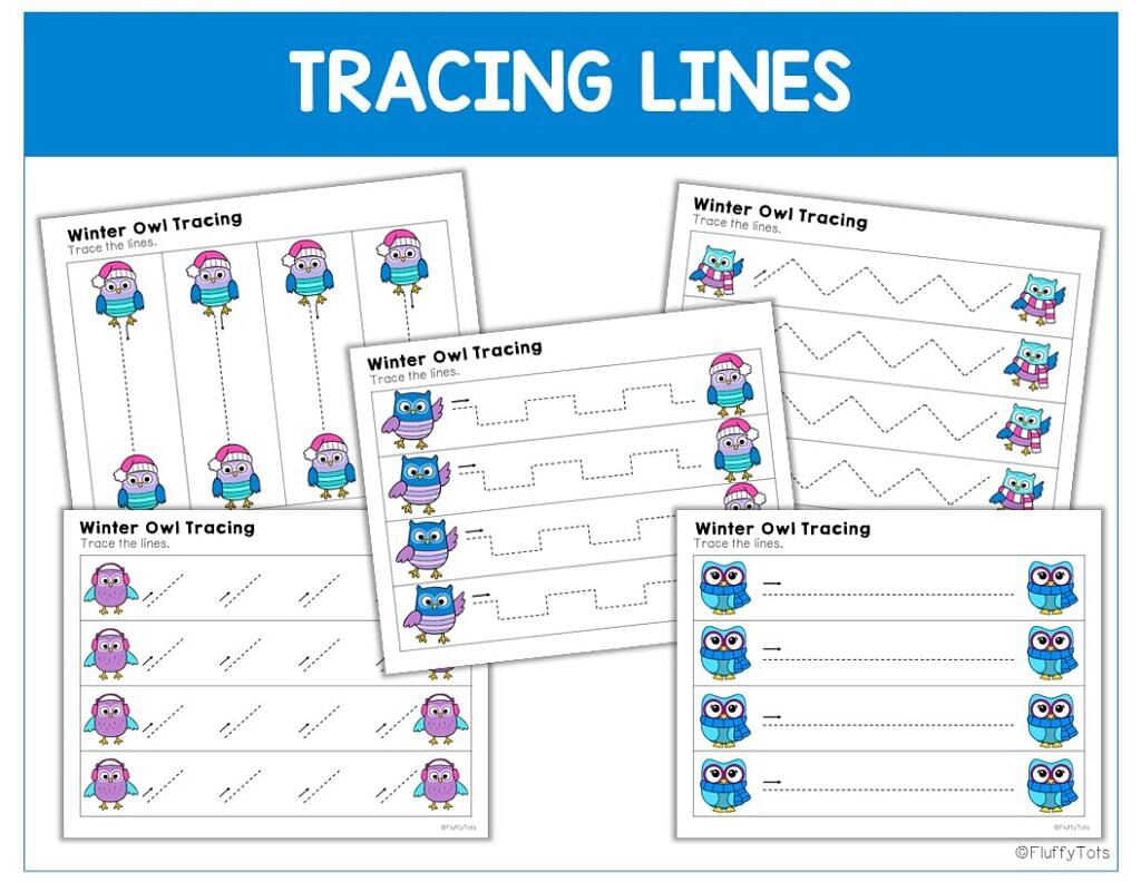 50+ Fun Pages of Winter Owls Tracing Worksheets for Preschool and Toddler 3 winter owls tracing, winter printables for toddler and preschool