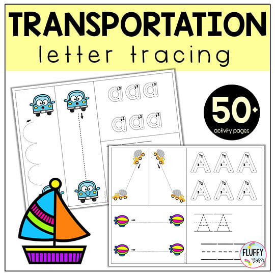 50+ Pages Fun Transportation Theme Letter Tracing Worksheets 2 transportation printables