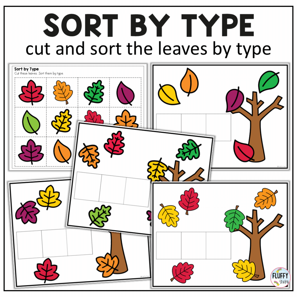 Fall leaves fine motor cutting worksheets sorting by type