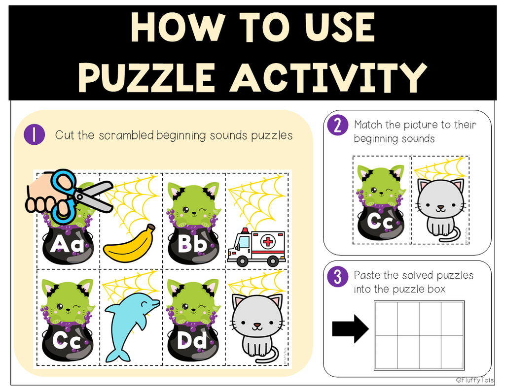 4 Sets of Halloween Beginning Sounds Cut and Paste Puzzles Worksheets 3