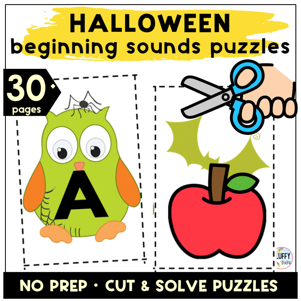 4 Sets of Halloween Beginning Sounds Cut and Paste Puzzles Worksheets 7