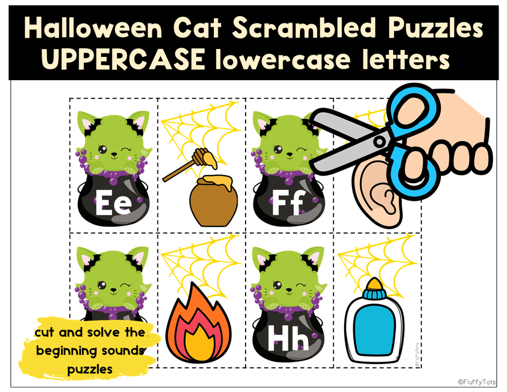 4 Sets of Halloween Beginning Sounds Cut and Paste Puzzles Worksheets 6
